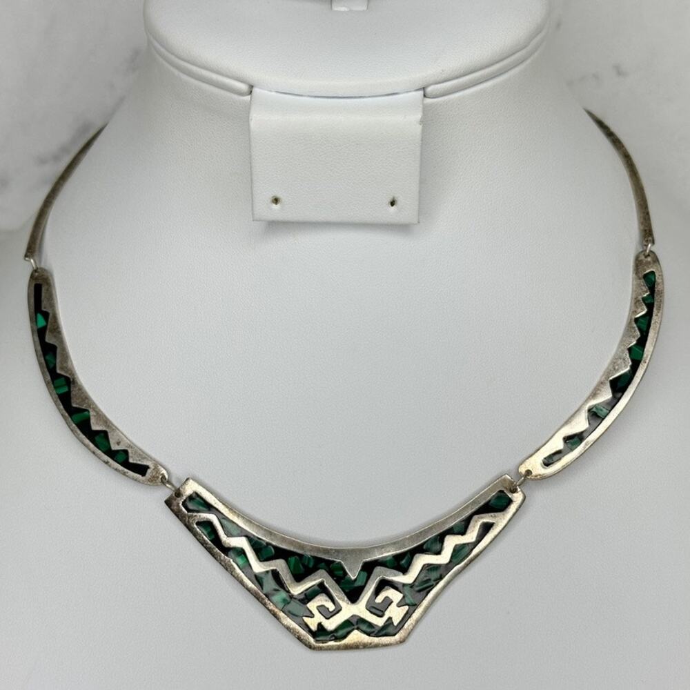 Vintage Alpaca Mexico Silver Tone Faux Turquoise Geometric Collar Necklace ✨